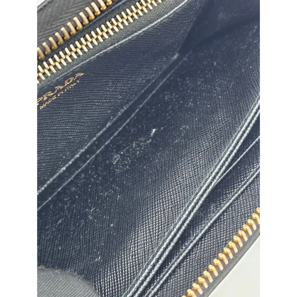 Prada Saffiano Fiocco Bow Zip Around Wallet Black Leather Gold Logo Italy